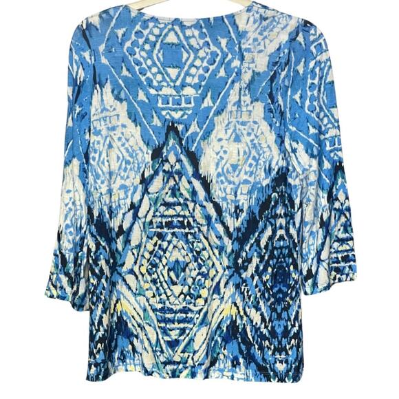 Chico’s vneck top soft comfortable blue yellow 3/4 sleeves size small - Picture 2 of 4